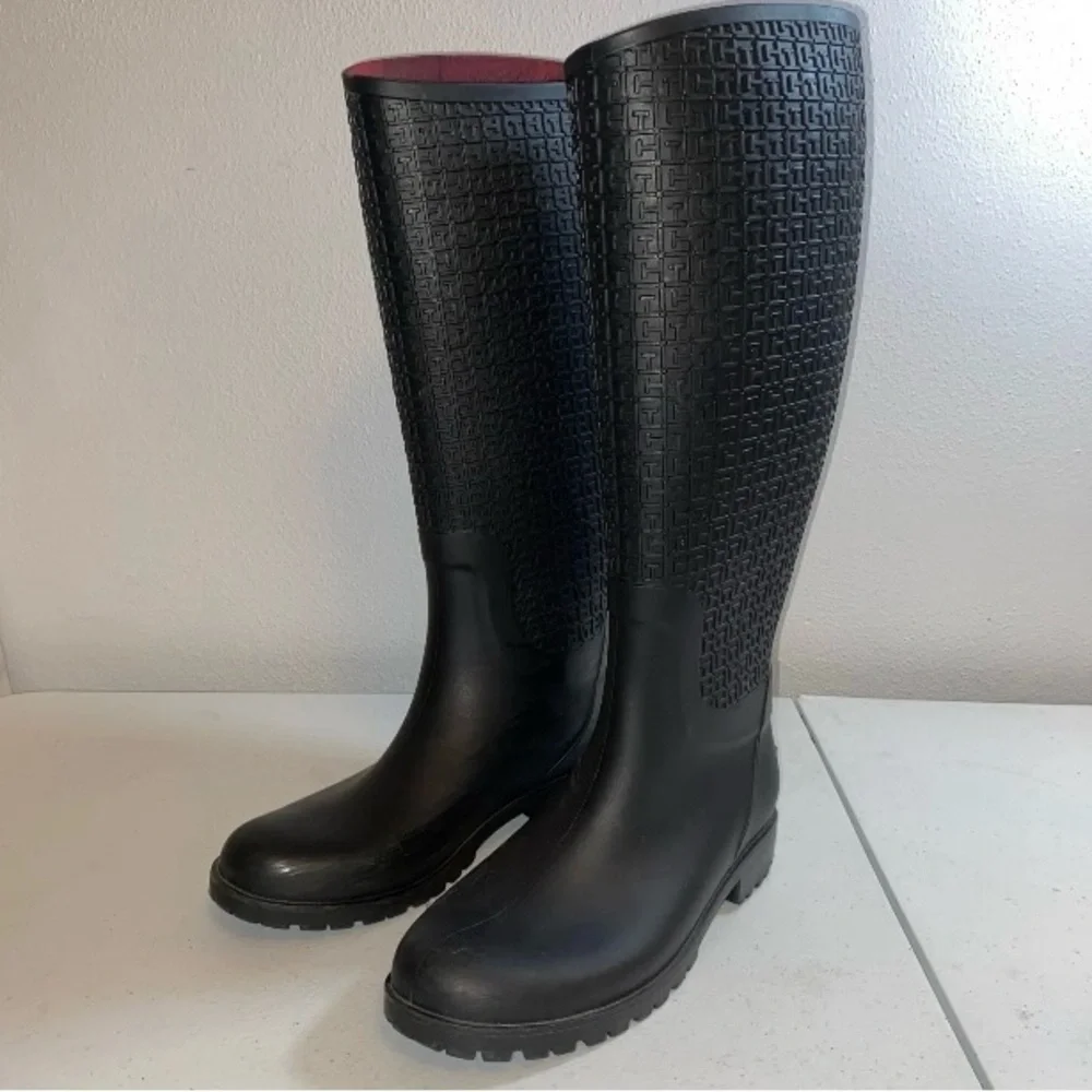 Tommy Hilfiger Black‎ Women's Rain Boots Textured Monogram READ